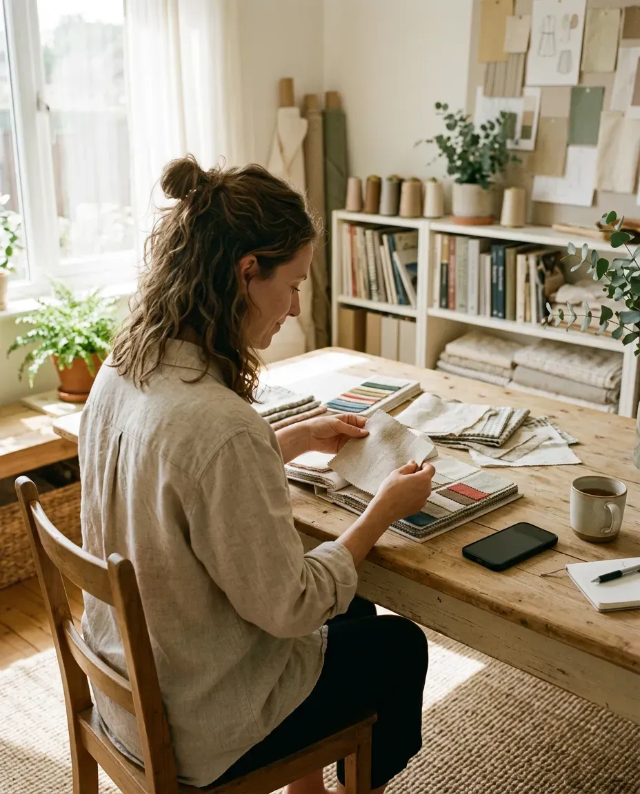 Looking through fabric samples at a desk