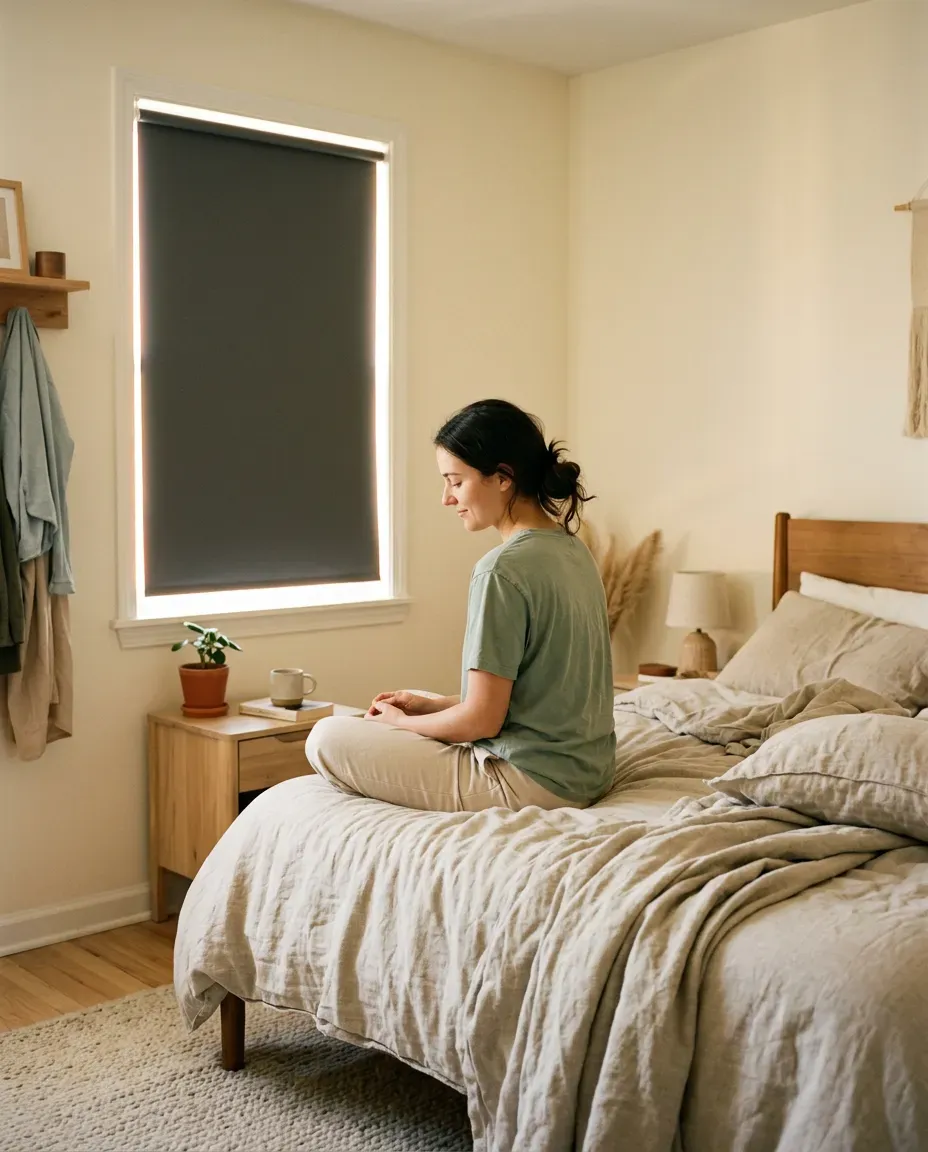 A quiet bedroom with a blackout roller shade