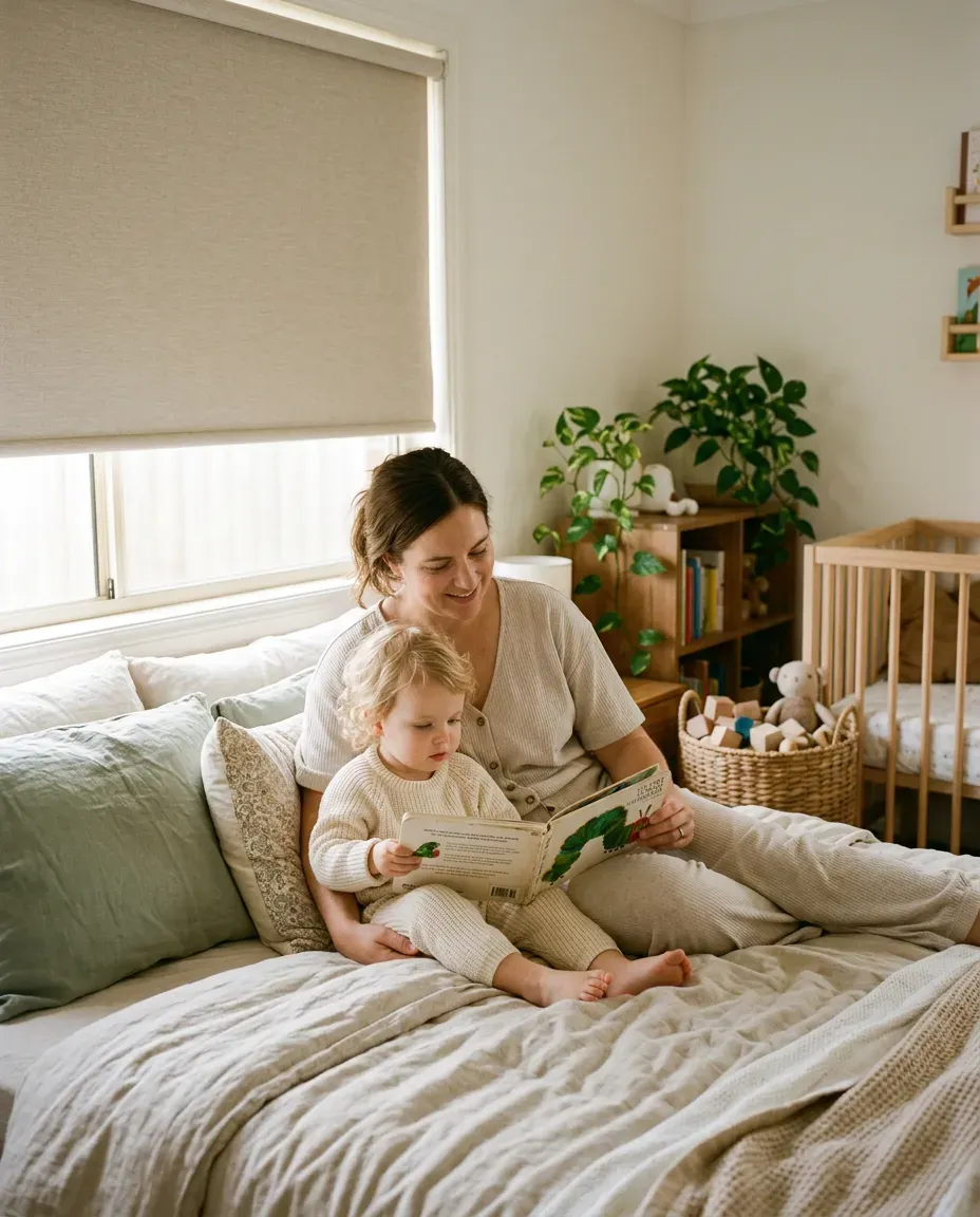 A parent reading with a toddler in a bright nursery