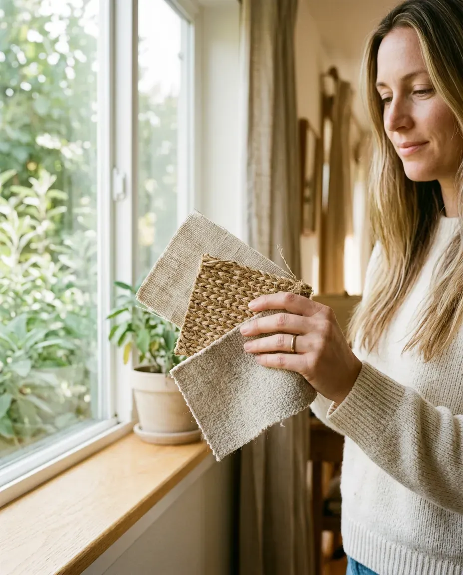 Holding fabric samples up to a window