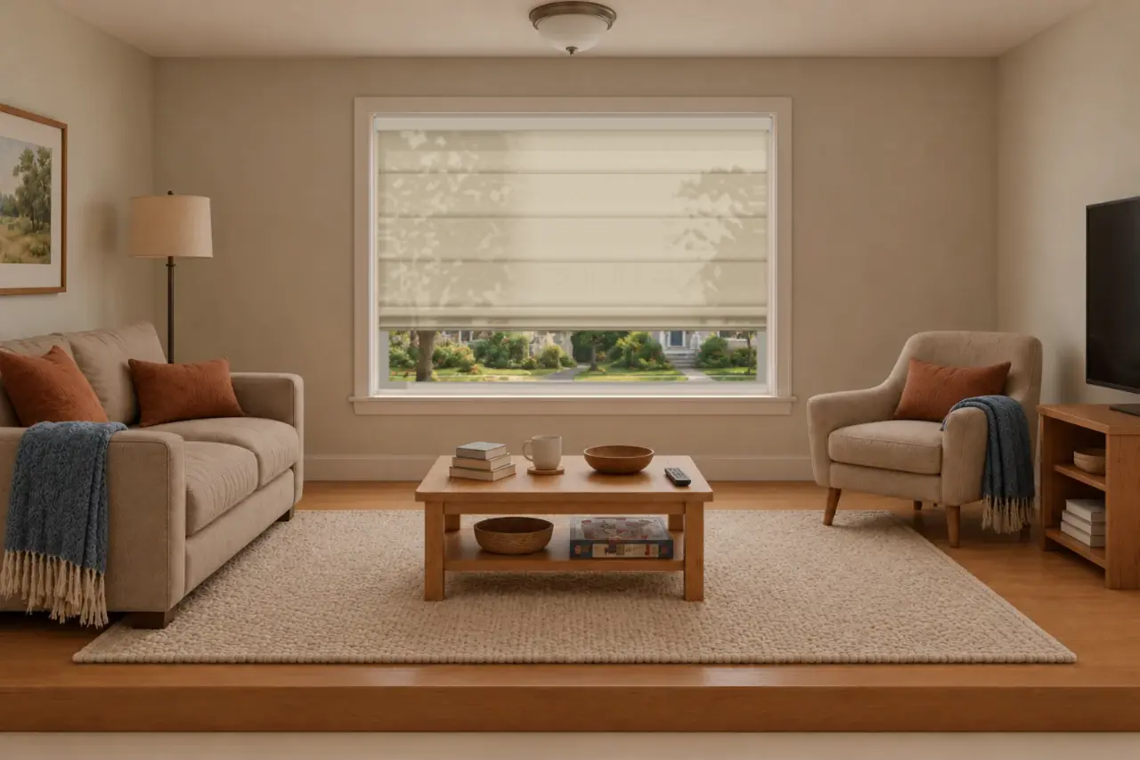 Try on view of a living room with a Roman shade